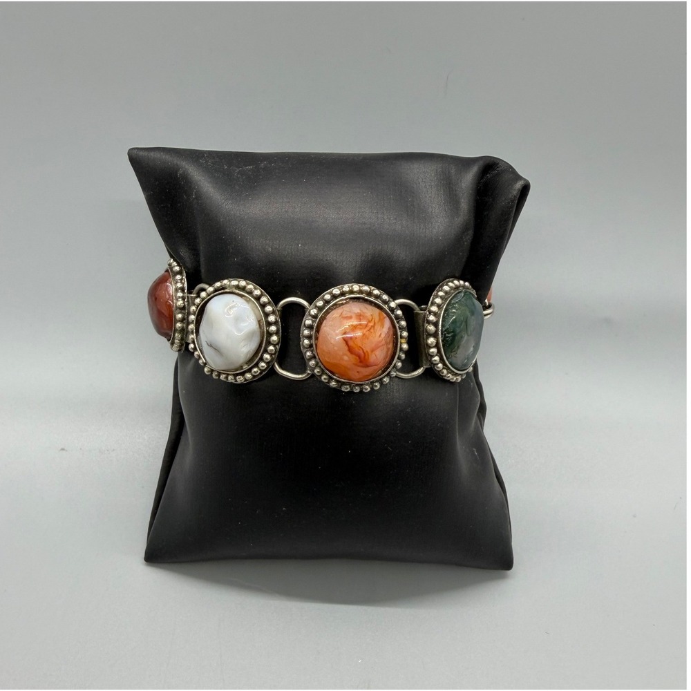 Vintage Multi Color Stone Cabochon Link Bracelet Silver Tone Statement Boho